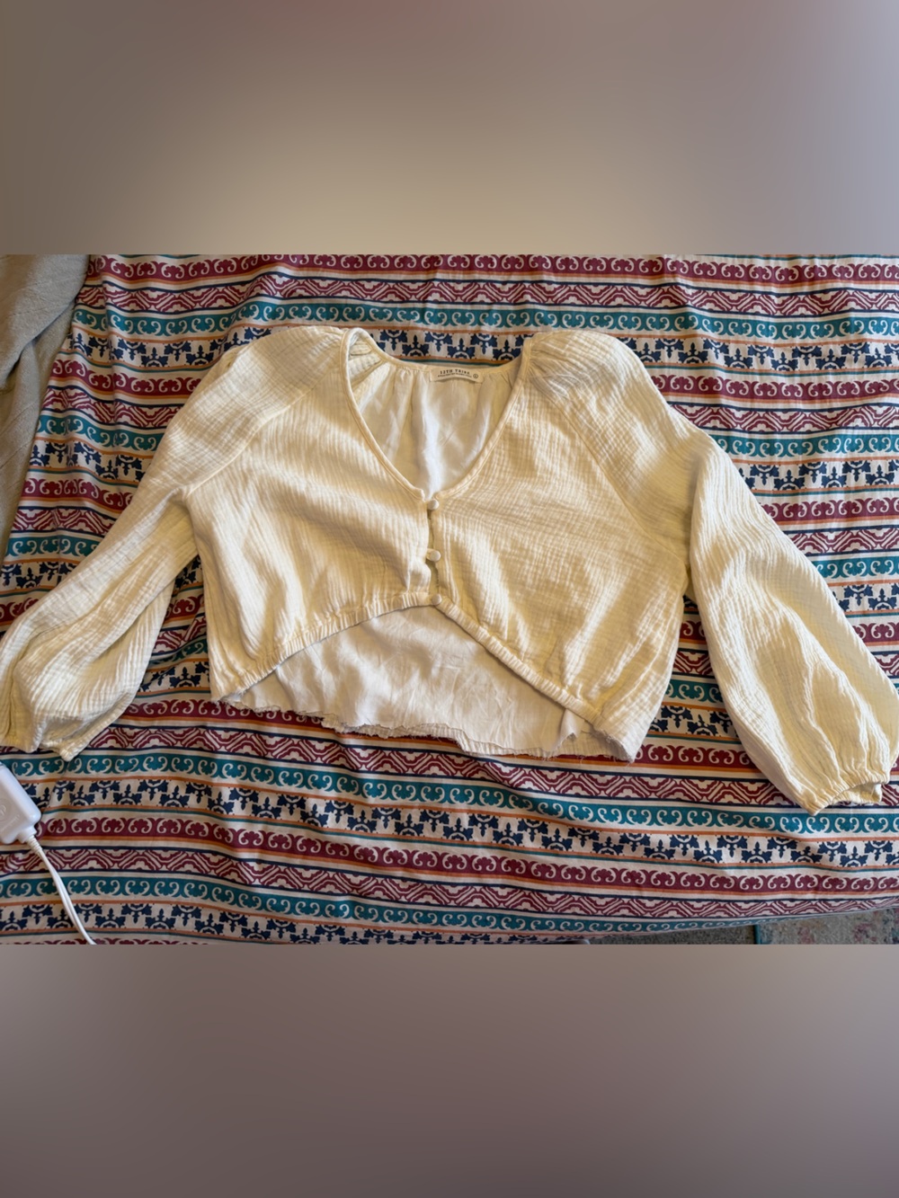 12th Tribe Cream Cropped Button-Front Smocked Peasant Top